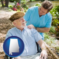 al map icon and a hospice care provider and an elderly patient