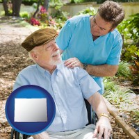 co map icon and a hospice care provider and an elderly patient
