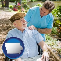 ia map icon and a hospice care provider and an elderly patient