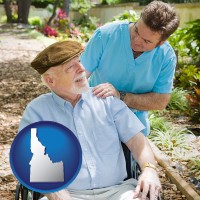 idaho map icon and a hospice care provider and an elderly patient