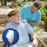 illinois map icon and a hospice care provider and an elderly patient