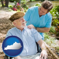 ky map icon and a hospice care provider and an elderly patient