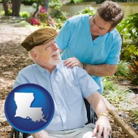 louisiana map icon and a hospice care provider and an elderly patient