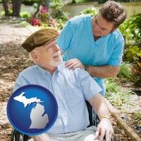 mi map icon and a hospice care provider and an elderly patient