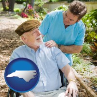 north-carolina map icon and a hospice care provider and an elderly patient