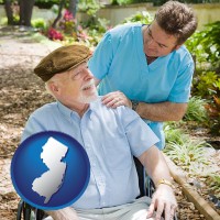new-jersey map icon and a hospice care provider and an elderly patient