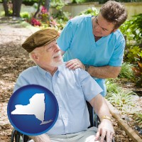 new-york map icon and a hospice care provider and an elderly patient