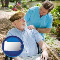 pennsylvania map icon and a hospice care provider and an elderly patient