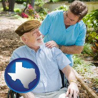 texas map icon and a hospice care provider and an elderly patient