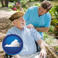 virginia map icon and a hospice care provider and an elderly patient