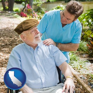 a hospice care provider and an elderly patient - with California icon