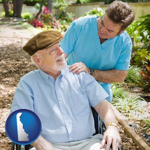 a hospice care provider and an elderly patient - with Delaware icon