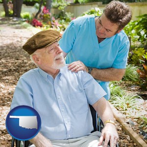 a hospice care provider and an elderly patient - with Oklahoma icon